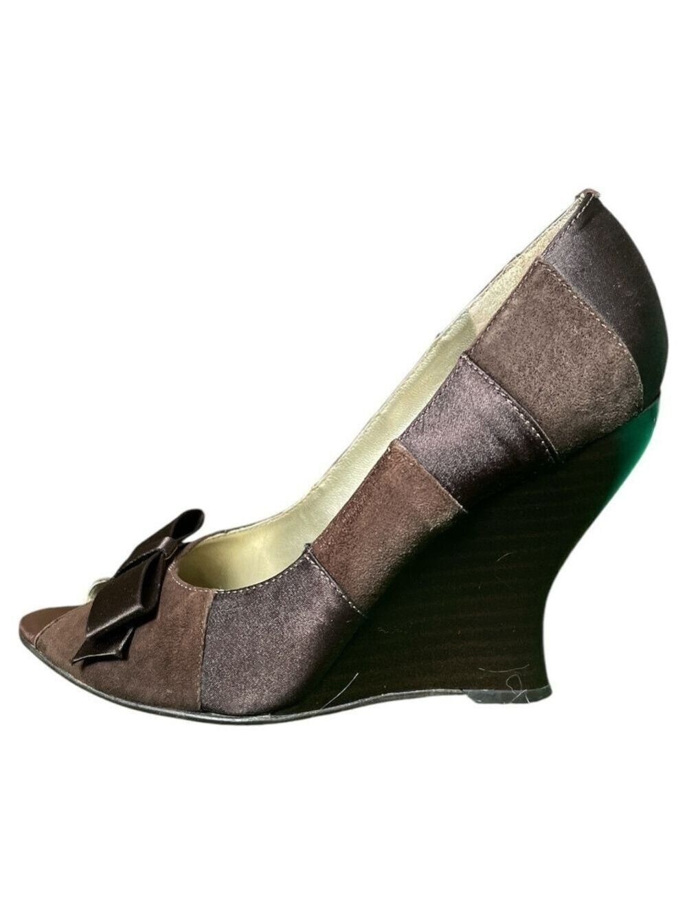 BCBG Nina Peep Toe Suede / Satin Wedge Size 7 1/2